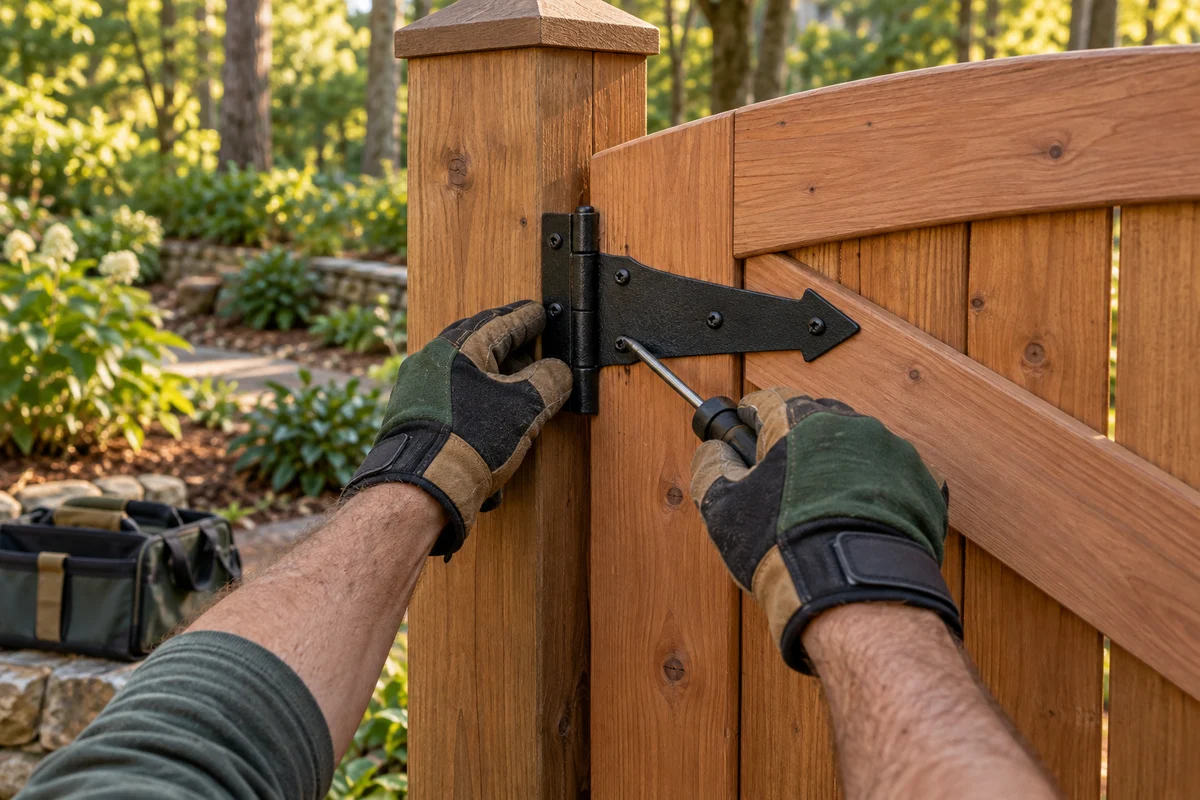 Gloved hands repairing a wooden gate hinge