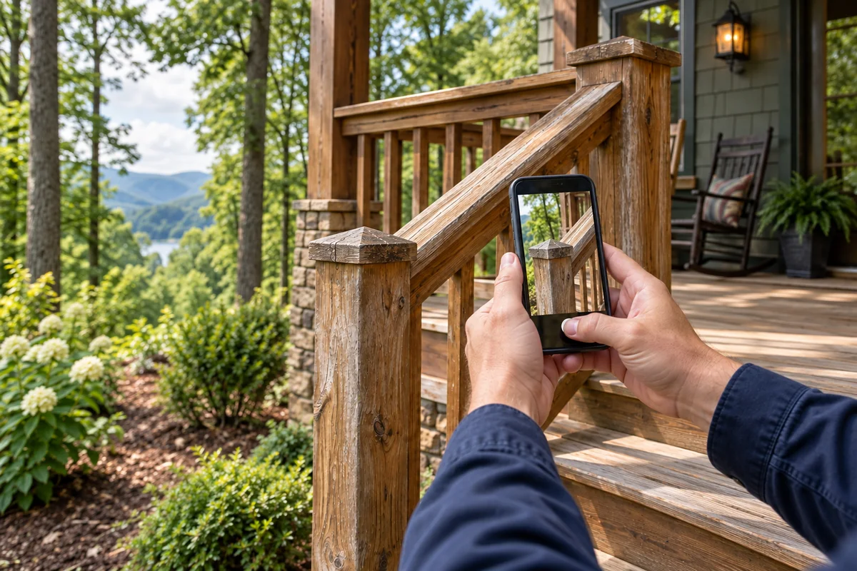 A person photographing a wooden porch railing with a phone