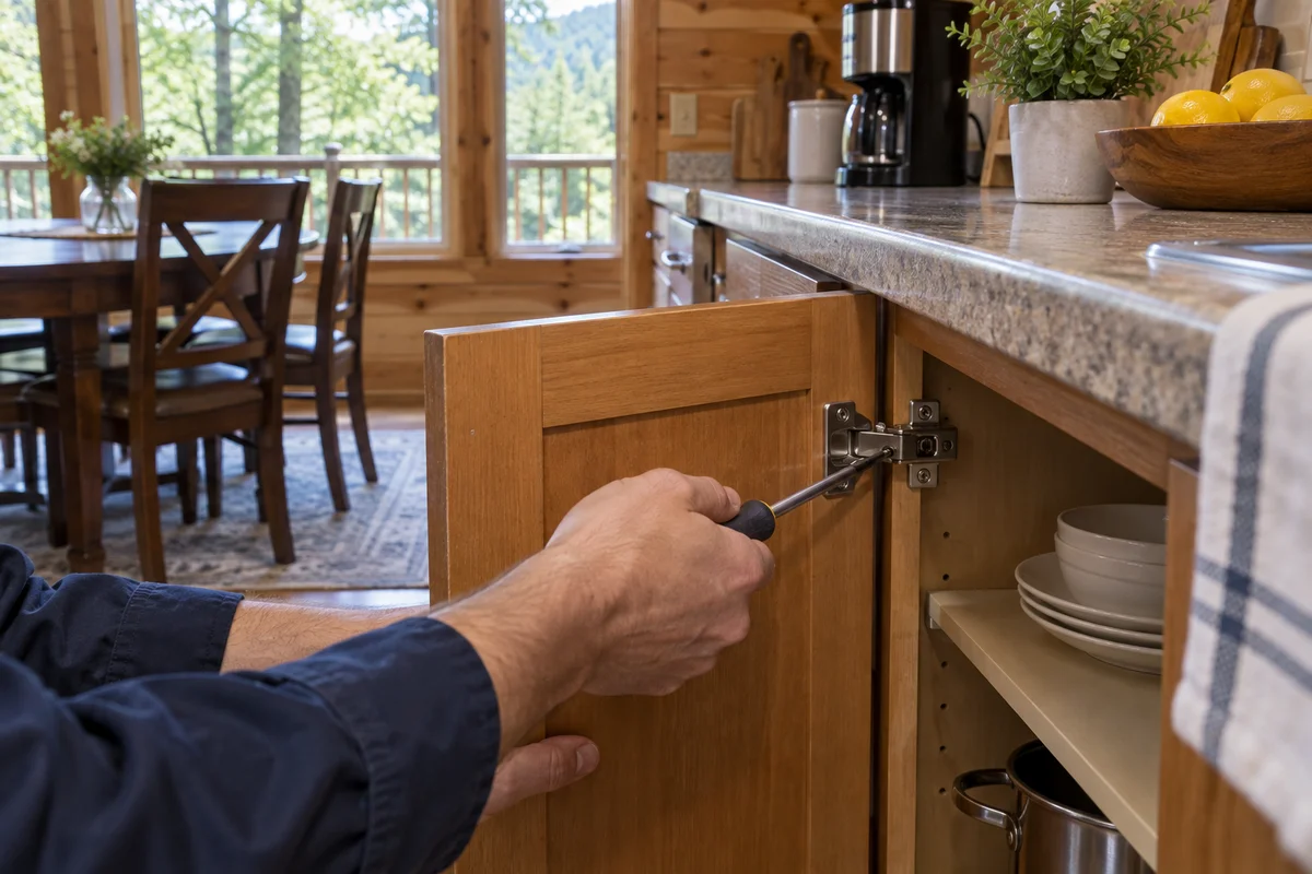 Hands repairing a kitchen cabinet